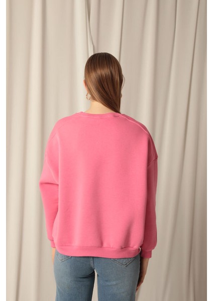 Üç Iplik Sıfır Yaka Çimalı Kadın Pembe Sweat