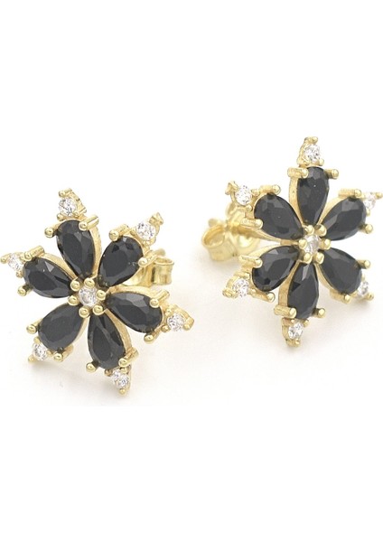 Gümüş Oniks Taşlı Lotus Çiçeği Kadın Küpe