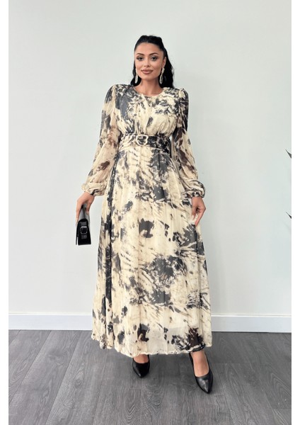 Şifon Kumaş Kemer Detaylı Maxi Elbise - Krem