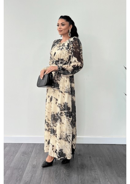 Şifon Kumaş Kemer Detaylı Maxi Elbise - Krem fiyatları