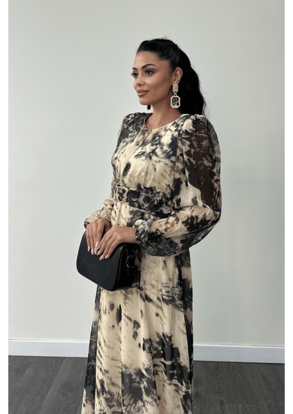 Şifon Kumaş Kemer Detaylı Maxi Elbise - Krem modelleri