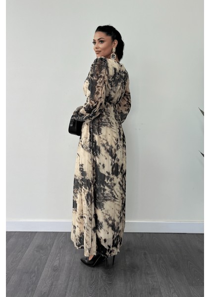 Şifon Kumaş Kemer Detaylı Maxi Elbise - Krem indirimleri