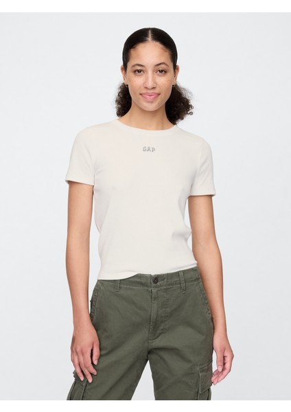 Kadın Kırık Beyaz Logo Modern Crop T-Shirt