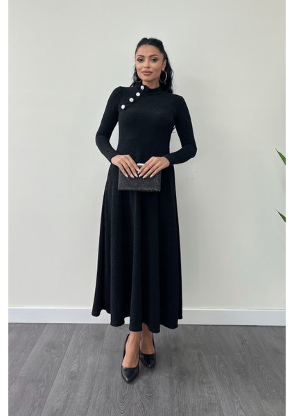 Pırıltılı Krep Kumaş Düğme Detaylı Midi Elbise - Siyah