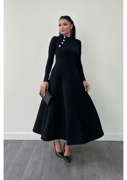 Pırıltılı Krep Kumaş Düğme Detaylı Midi Elbise - Siyah fiyatları