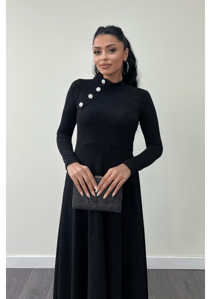 Pırıltılı Krep Kumaş Düğme Detaylı Midi Elbise - Siyah modelleri