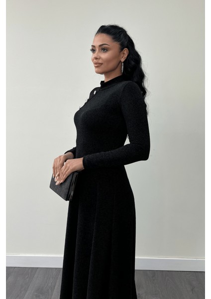 Pırıltılı Krep Kumaş Düğme Detaylı Midi Elbise - Siyah fırsatları