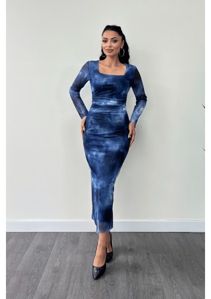 Tül Kumaş Büzgü Detaylı Kalem Elbise - Saks Mavi