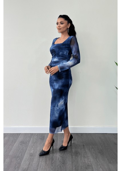 Tül Kumaş Büzgü Detaylı Kalem Elbise - Saks Mavi fiyatları