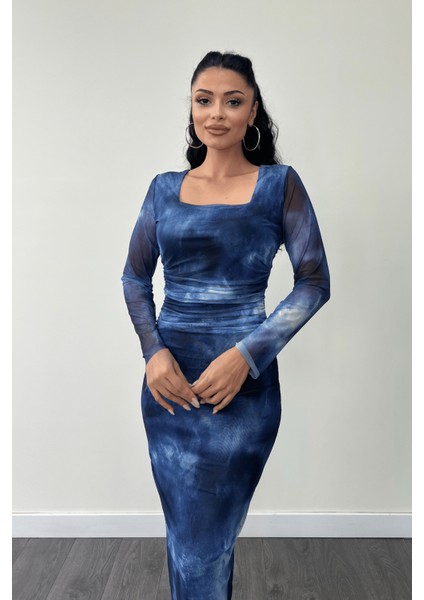 Tül Kumaş Büzgü Detaylı Kalem Elbise - Saks Mavi modelleri