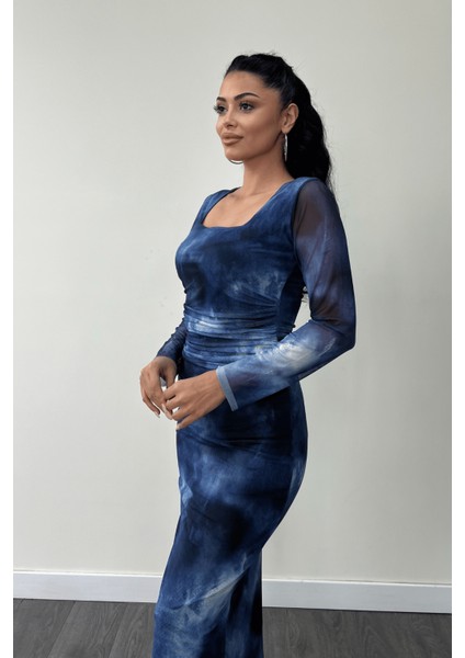 Tül Kumaş Büzgü Detaylı Kalem Elbise - Saks Mavi fırsatları