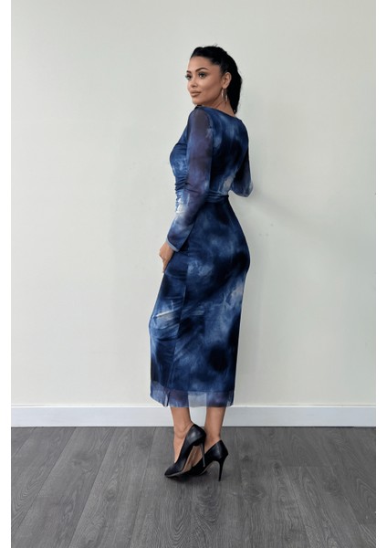 Tül Kumaş Büzgü Detaylı Kalem Elbise - Saks Mavi indirimleri