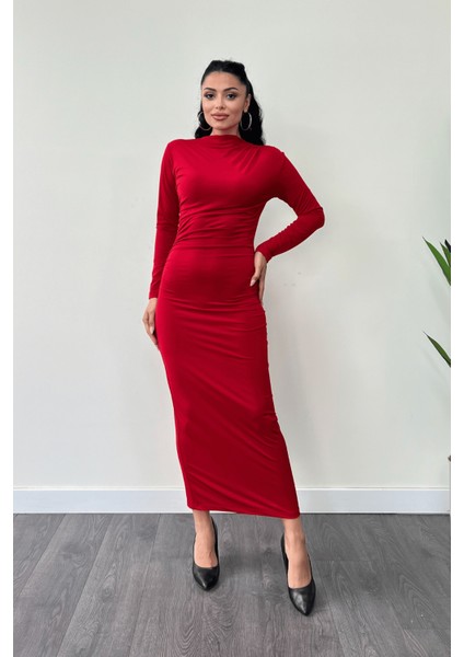 Jarse Kumaş Büzgülü Kalem Elbise - Kırmızı