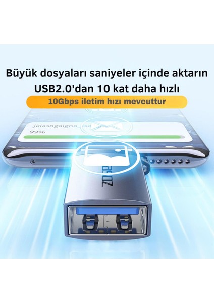 Jazos Type-C To USB 3.1 Otg Dönüştürücü Adaptör, 10 Gbps Veri Aktarım, Mini USB Çevirici