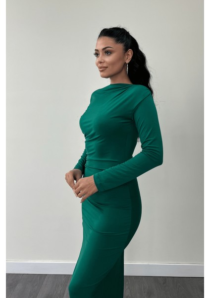Jarse Kumaş Büzgülü Kalem Elbise - Zümrüt Yeşil modelleri
