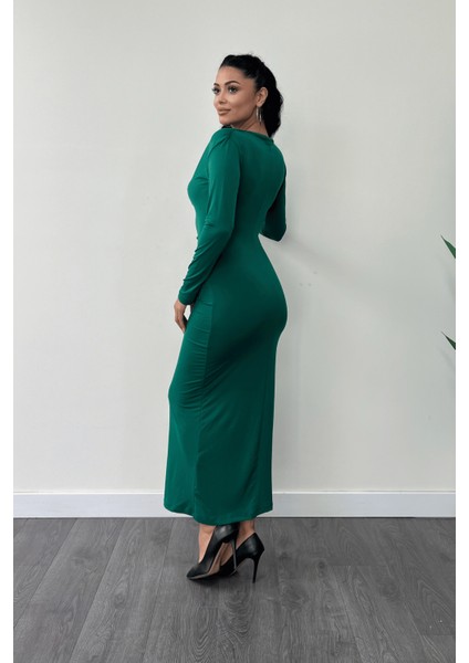 Jarse Kumaş Büzgülü Kalem Elbise - Zümrüt Yeşil indirimleri
