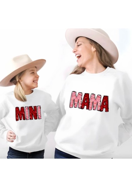 Özel Tasarım Bisiklet Yaka Mama Mini Baskılı Anne-Kız Çocuk Sweatshırt.1 Adet Fiyatıdır