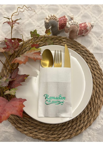 Yeşil Yaldızlı Beyaz Cepli Ramadan Karem Peçete 12 Adet 40X40