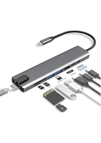 8 In 1 Ethernet Sd USB Type C Hub Hdmı Girişli Macbook Pro/air Dönüştürücü Çevirici Çoklayıcı