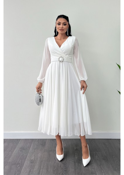 Şifon Kumaş Kemer Detaylı Midi Elbise - Beyaz