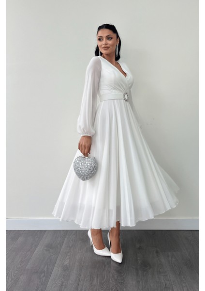 Şifon Kumaş Kemer Detaylı Midi Elbise - Beyaz fiyatları
