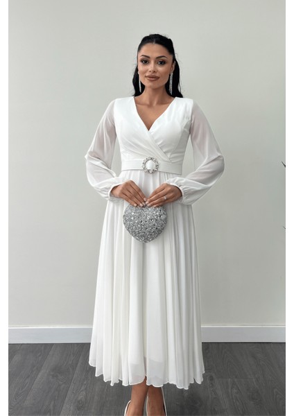 Şifon Kumaş Kemer Detaylı Midi Elbise - Beyaz modelleri