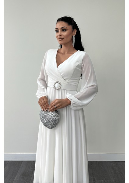 Şifon Kumaş Kemer Detaylı Midi Elbise - Beyaz fırsatları