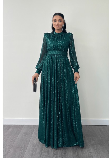 Pul Tül Payet Kumaş Büzgü Detaylı Kiloş Elbise - Zümrüt Yeşil