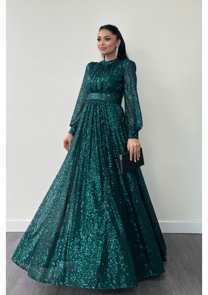 Pul Tül Payet Kumaş Büzgü Detaylı Kiloş Elbise - Zümrüt Yeşil fiyatları