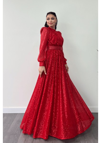 Pul Tül Payet Kumaş Büzgü Detaylı Kiloş Elbise - Kırmızı fiyatları