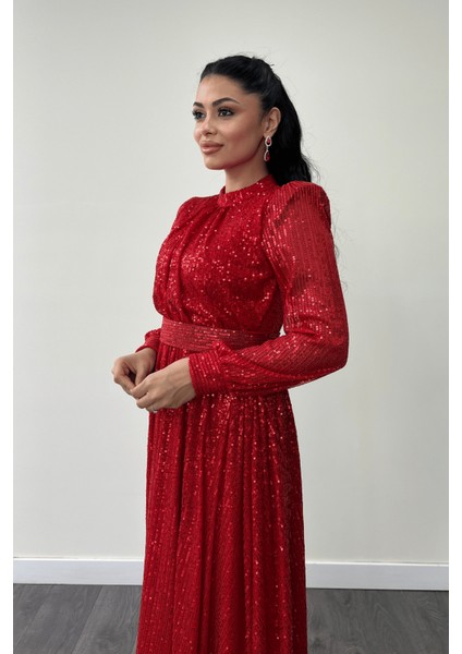 Pul Tül Payet Kumaş Büzgü Detaylı Kiloş Elbise - Kırmızı fırsatları