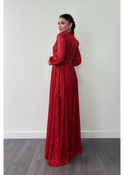 Pul Tül Payet Kumaş Büzgü Detaylı Kiloş Elbise - Kırmızı indirimleri