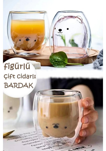 250 ml Çift Camlı Cidarlı Sevimli Kedicik Süt Çay Kahve Su Kupa Bardağı Ev Ofis Isı Yalıtımlı Bardak