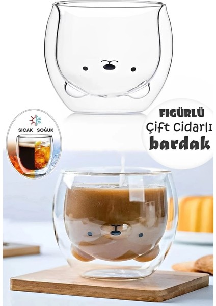 250 ml Çift Camlı Cidarlı Sevimli Kedicik Süt Çay Kahve Su Kupa Bardağı Ev Ofis Isı Yalıtımlı Bardak