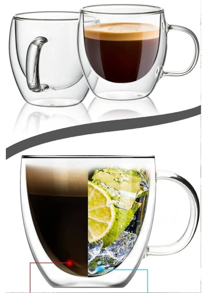 Çift Camlı Çift Cidarlı Cam Kupa 250 ml Ev Ofis Fincanı Çift Katlı Isı Yalıtımlı