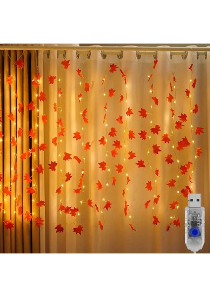 Sonbahar Konseptli 10 Adet Yapay Sarmaşık 3x3 Usb\'li 10 Saçaklı Perde LED Dekoratif Aydınlatma