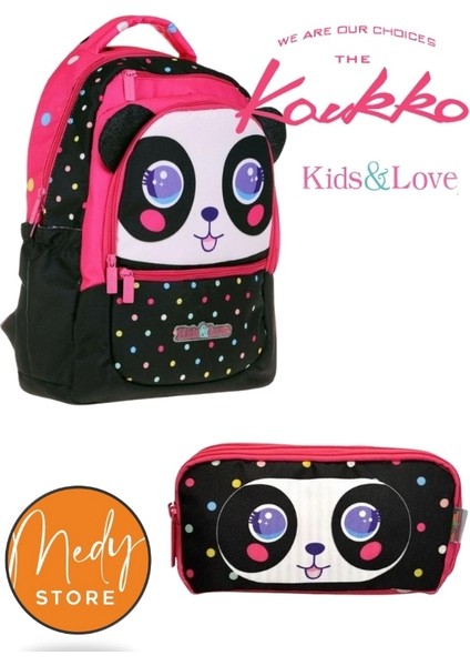 Kids&Love Rubber Cute Face Panda Okul Çantası ve Kalem Çantası 2'li Set