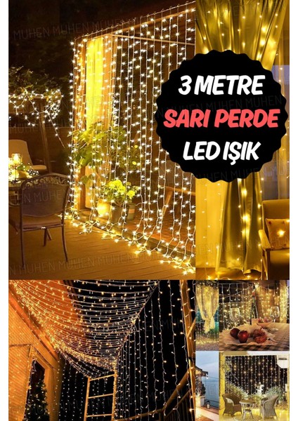 Tekno Trust 3x3 Metre Sarı Perde LED Işık – 12 Saçaklı Tasarım, 8 Fonksiyonlu Mod ve Dekoratif Şıklık