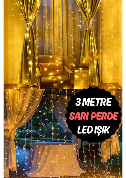 Tekno Trust 3x3 Metre Sarı Perde LED Işık – 12 Saçaklı Tasarım, 8 Fonksiyonlu Mod ve Dekoratif Şıklık