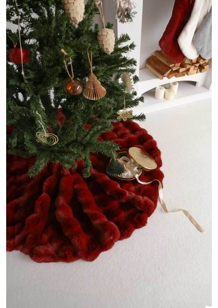 Tekno Trust Çam Ağacı Ayak Halısı Örtüsü, Yılbaşı Ağacı Altı Örtüsü Peluş Bordo, Bubble Halı 80X80 cm