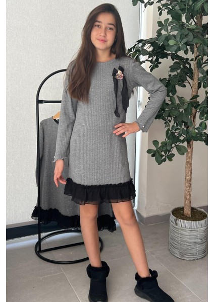 Uzun Kollu Simli Kız Çocuk Triko Elbise