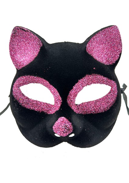 Siyah Renk Pembe Simli Süet Kaplama Kedi Maskesi 18 x 14 cm (4767)