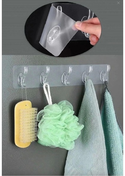 2 Adet Kendinden Yapışkanlı Güçlü Şeffaf 5li Askılık - Kapı Arkası Mutfak Duvar Banyo