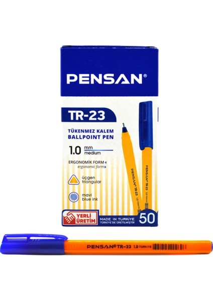 Pensan Tükenmez Kalem Üçgen Mavi 50'li - Ürün Kodu : PEN.PE02023TKMAVİ50