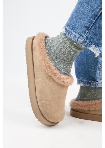 (Jana Kürklü) Kadın Düz Platform Vizon Terlik