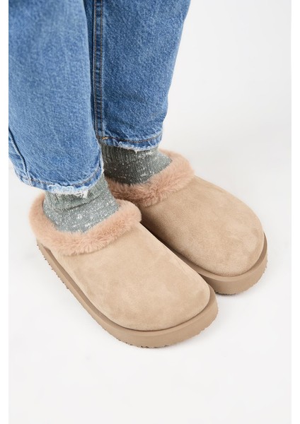 (Jana Kürklü) Kadın Düz Platform Vizon Terlik modelleri