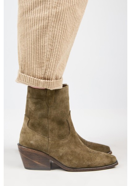 (Gona) Kadın Hakiki Deri Önü Troklu Kovboy Özel Eskitme Haki Bot