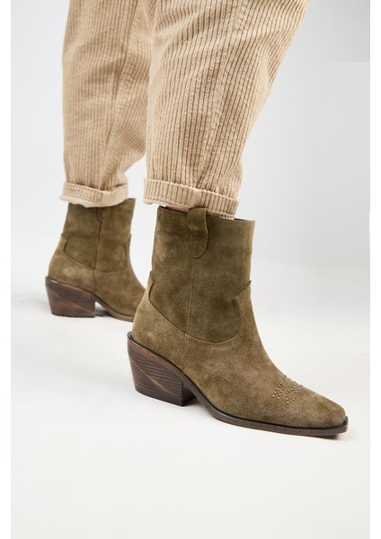 (Gona) Kadın Hakiki Deri Önü Troklu Kovboy Özel Eskitme Haki Bot indirimleri