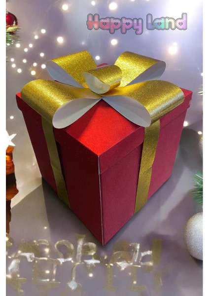 Tekno Trust Yılbaşı Hediye Kutusu Kırmızı Renk Simli Kurdeleli Kendin Yap Model 25X25X25 cm