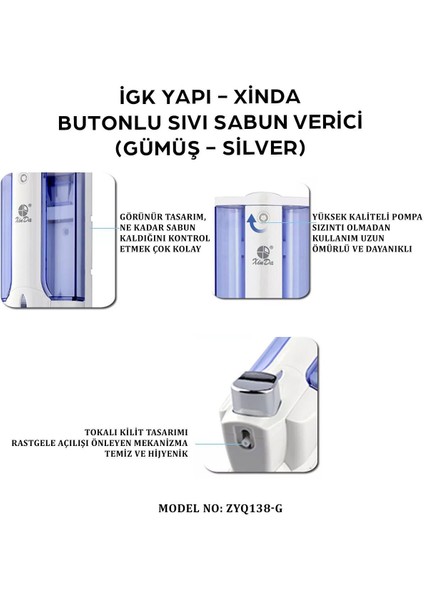 Igk Yapı –Tekli Butonlu Silver Sıvı Sabun Dispanseri (ZYQ138-G)